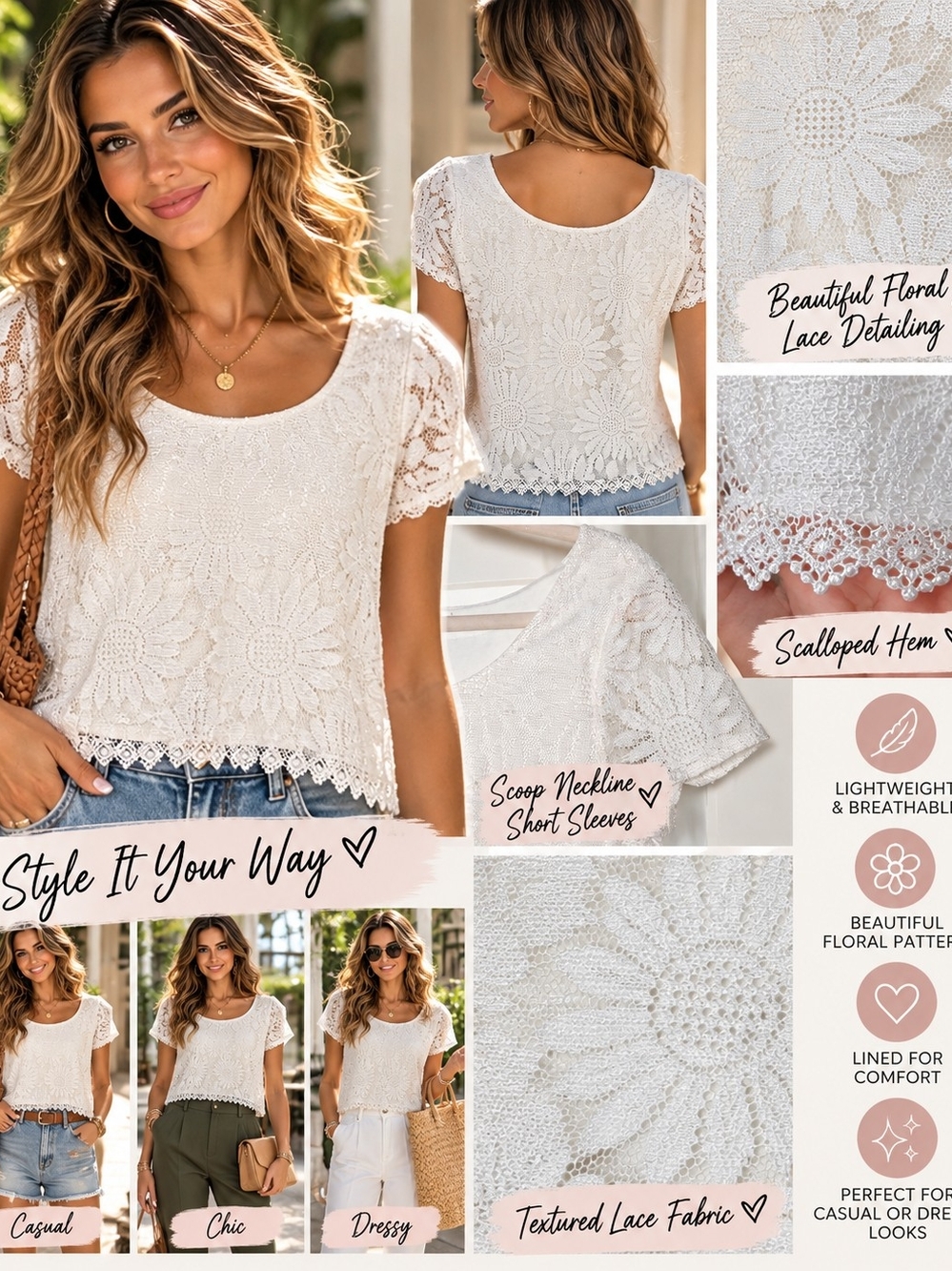 Women's Floral Lace Scoop Neck Top - White